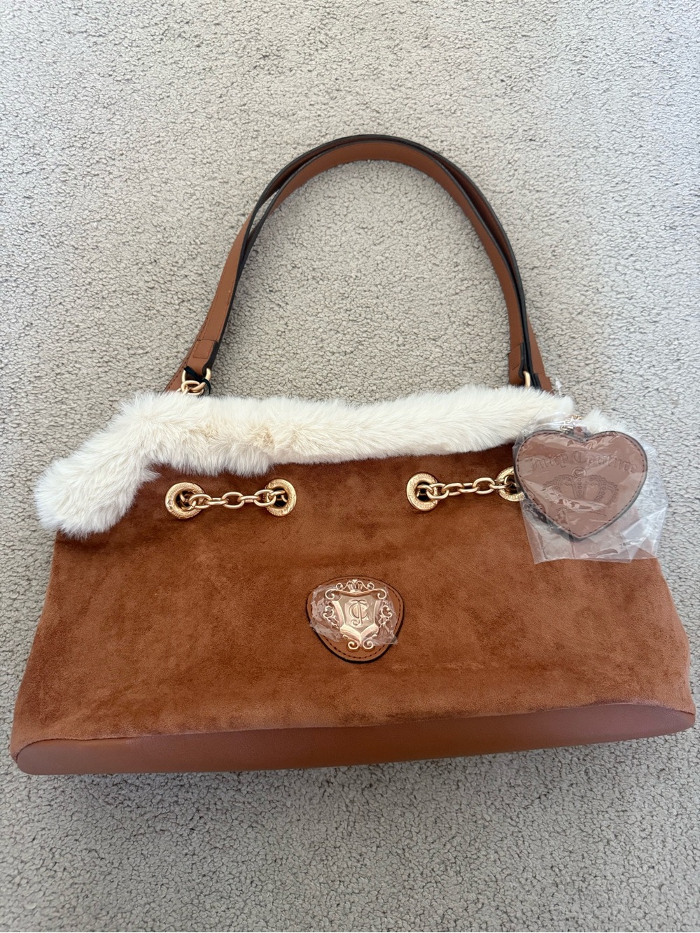 Juicy Brown Faux Suede Shoulder Bag with Faux Fur Trim